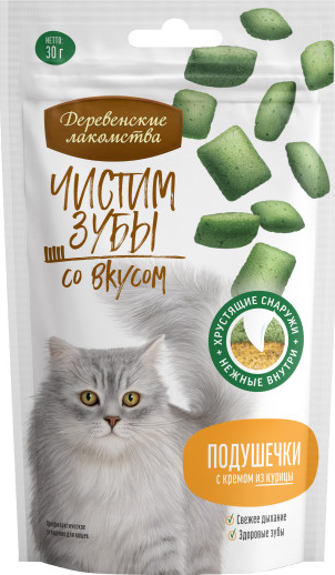 Лакомство для кошек Деревенские лакомства Чистим зубы подушечки с кремом из курицы 30 г