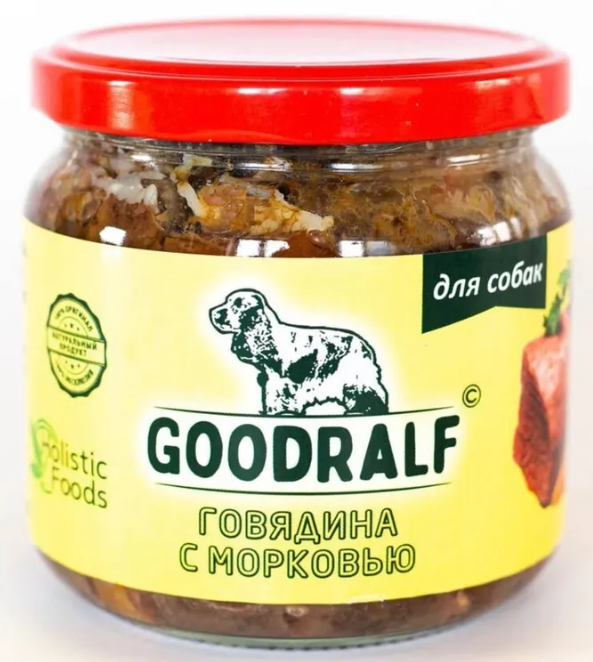 Влажный корм ПРЕМИУМ GOODRALF Говядина с морковью стеклянная банка 340 гр