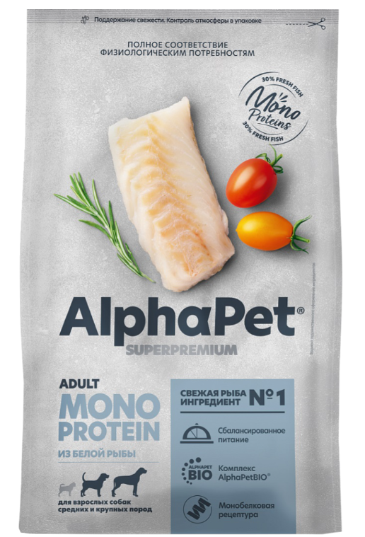 Корм AlphaPet Superpremium Monoprotein для собак средних и крупных пород, монобелковый, c белой рыбой