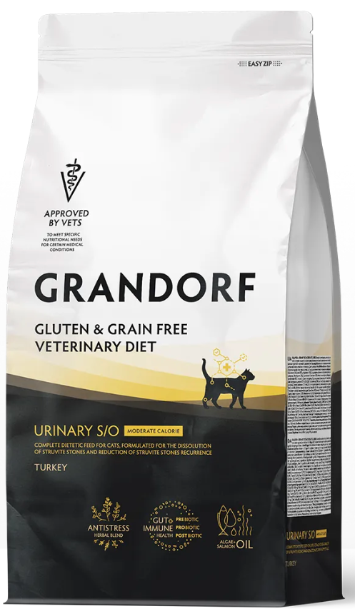 Корм Grandorf VET URINARY S/O MODERATE CALORIE  для растворения струвитных мочевых камней, предрасположенных к набору лишнего веса  для кошекn