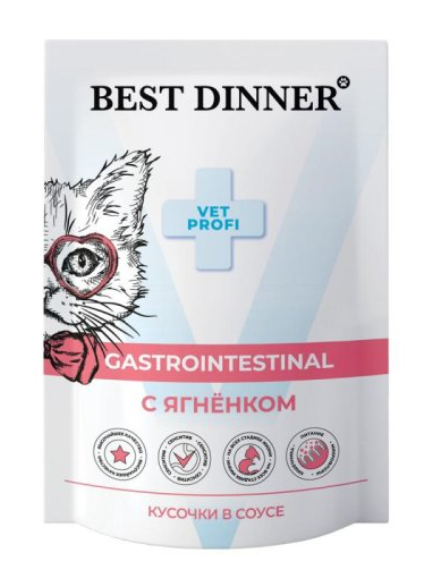 Бест Диннер Пауч Exclusive Vet Profi Gastro Intestinal для взрослых кошек, кусочки в соусе, с ягненком, 85 г