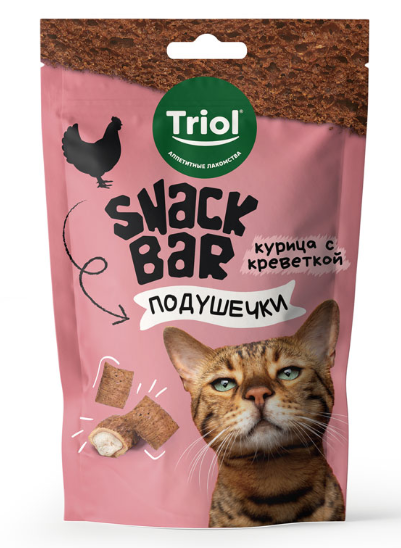 Лакомство для кошек "Мини-подушечки с начинкой из курицы с креветкой", 30г, серия SNACK BAR, Triol