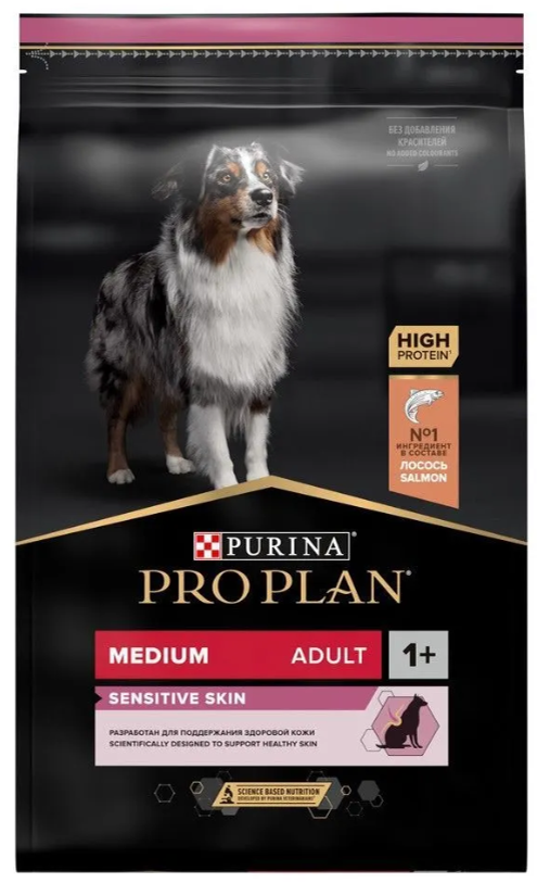 Корм PRO PLAN для собак средних пород с чувствительной кожей с комплексом Optiderma лосось c рисом