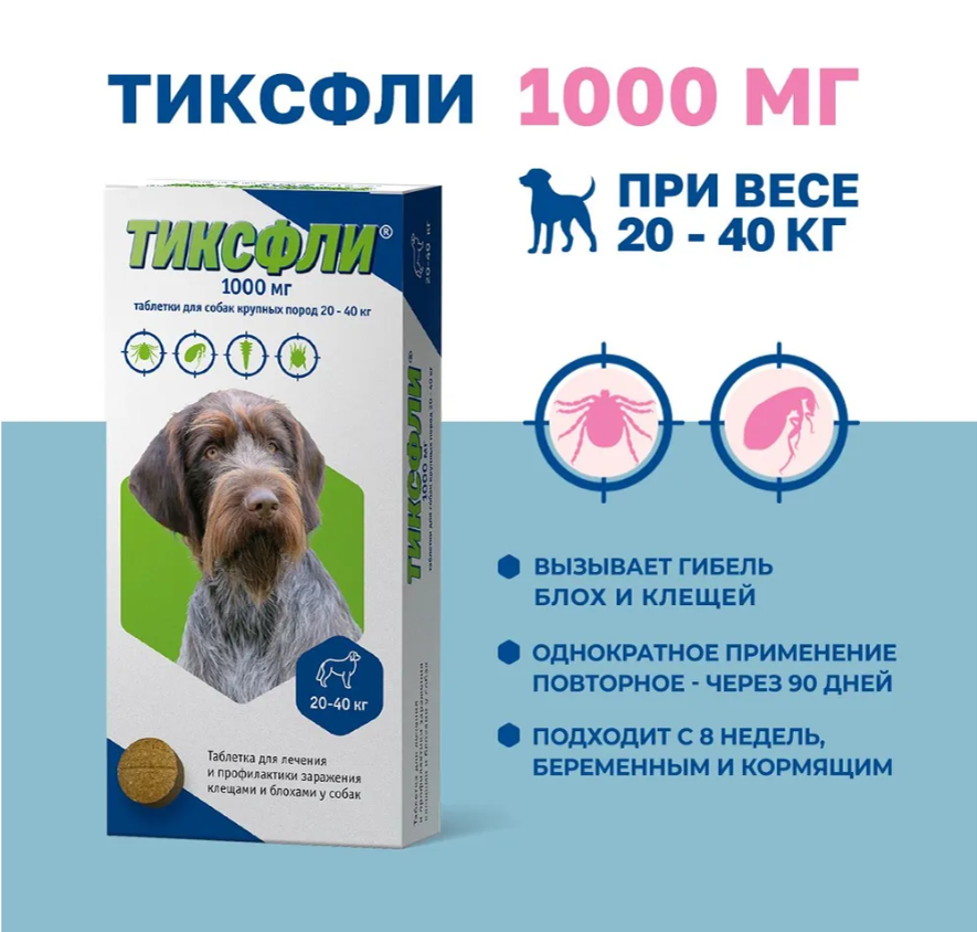 ТИКСФЛИ 1000 мг, таблетки для собак крупных пород 20-40 кг, 1
