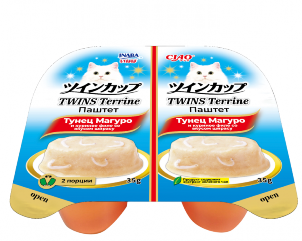 Влажный корм CIAO TWINS Terrine Паштет для кошек тунец Магуро и куриное филе со вкусом ширасу, 70г (35г х 2шт), Инаба