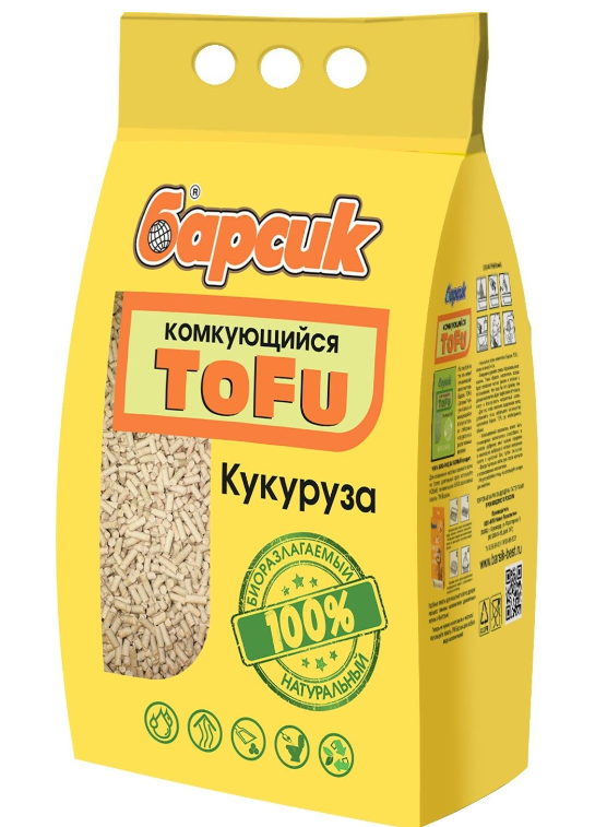 Наполнитель Барсик ТОФУ КУКУРУЗНЫЙ без запаха для кошек, 15 л, 7.8 кг