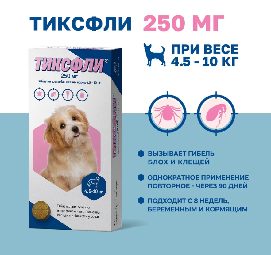 ТИКСФЛИ 250 мг, таблетки для собак мелких пород 4,5-10 кг, 1