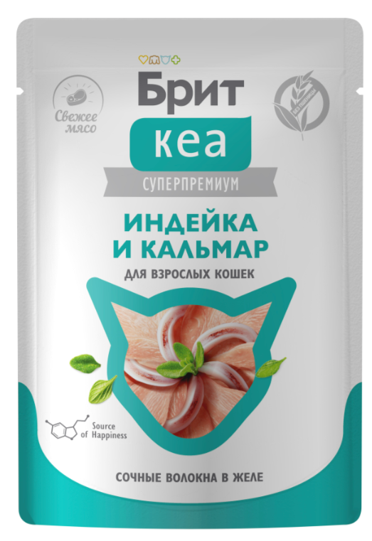 БРИТ КЕА, Пауч для взрослых кошек, Индейка и Кальмар: ЖЕЛЕ 75 г