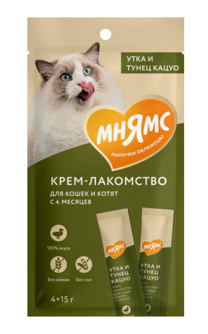 Крем-лакомство Мнямс для кошек с тунцом Кацуо и уткой 15 г х 4 шт.