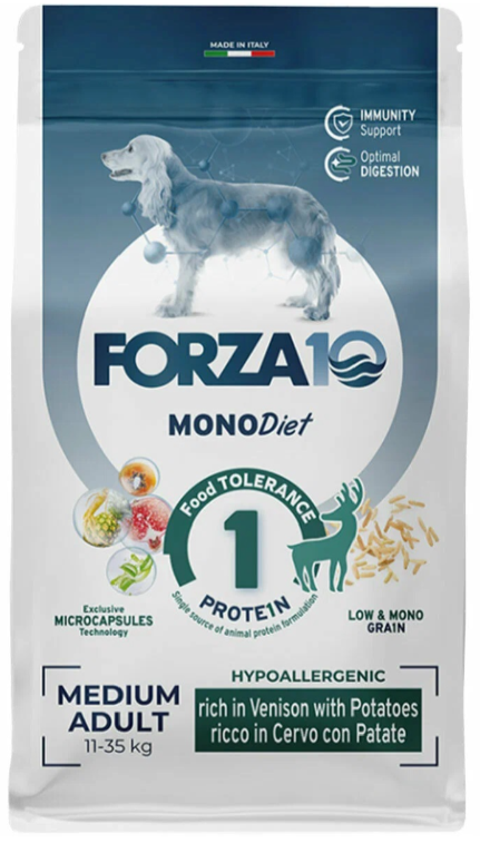 Корм Forza10 Diet Medium для собак средних пород, при пищевой аллергии, гипоаллергенный, с олениной и картофелем 1,5 кг