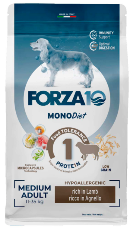 Корм Forza10 MonoDiet Medium Lamb для собак средних пород, при пищевой аллергии, гипоаллергенный, с ягненком, 1,5 кг