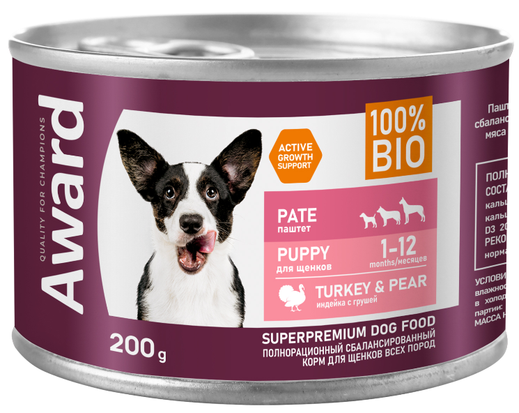 Влажный корм AWARD для щенков от 1 месяца паштет из индейки с грушей 200г