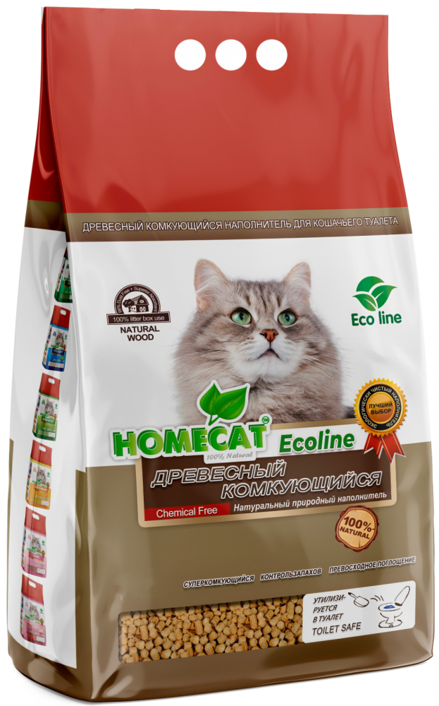 Наполнитель Homecat Ecoline для кошек, древесный комкующийся, в гранулах, 2 кг, 6 л