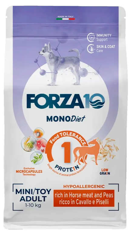 Корм Forza10 Mini &amp; Toy Diet Hypoallergenic Horse &amp; Peas для собак малых пород, гипоаллергенный, конина и горошек 1,5 кг