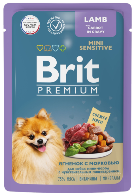 Паучи Brit Premium Mini Sensitive Lamb &amp; Carrot (в соусе) для собак малых пород с чувствительным пищеварением, с ягненком и морковью, 85 г