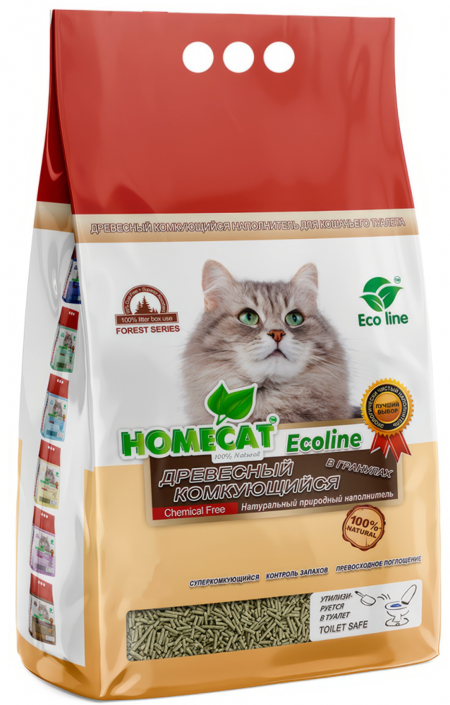 Наполнитель Homecat Ecoline для кошек, древесный комкующийся, в гранулах, 2 кг, 6 л