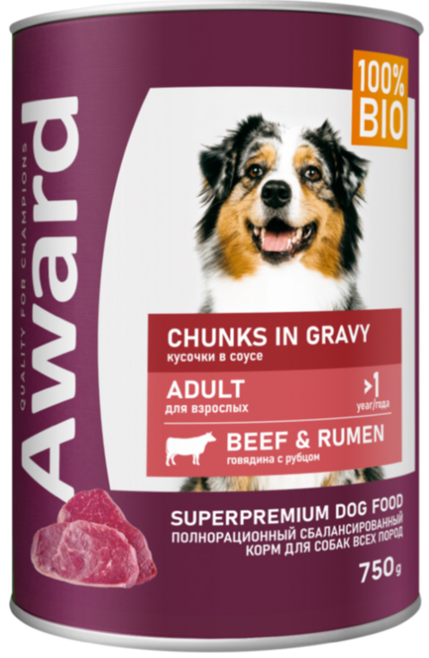 Влажный корм AWARD для взрослых собак кусочки с говядиной и рубцом в соусе 750 г