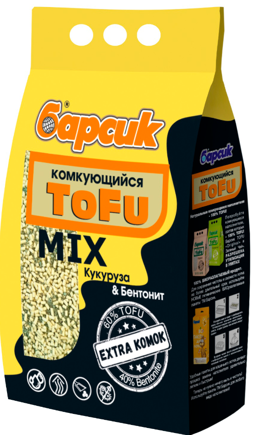 Наполнитель Барсик Tofu Mix для кошек, комкующийся, кукуруза и бентонит, 4.54 л, 2.3 кгn