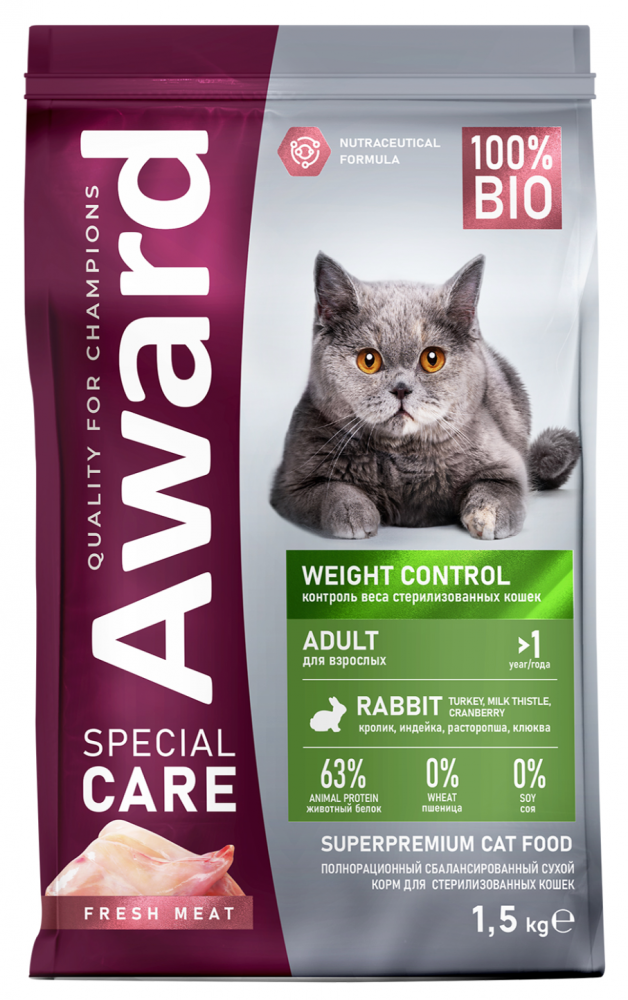 Сухой корм AWARD SPECIAL CARE Weight Control для взрослых стерилизованных кошек для контроля веса со свежим мясом кролика 1,5 кг