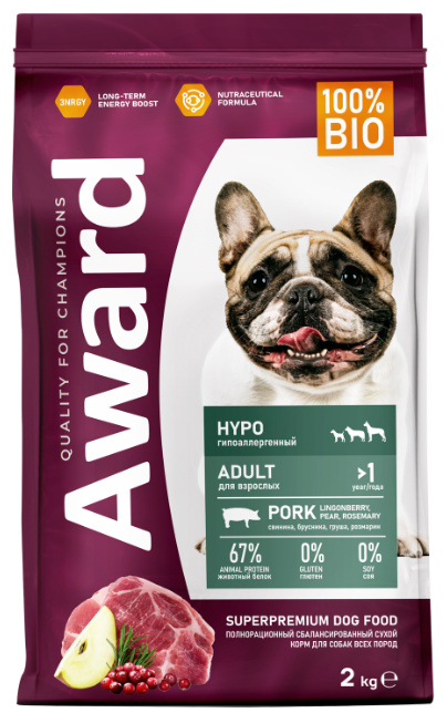 Сухой корм AWARD HYPO для взрослых собак всех пород со свининой с добавлением брусники, груши и розмарина 2 кг