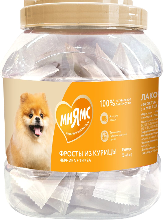 Лакомство Мнямс для собак и щенков с 4 месяцев "Фросты" из курицы. Размер S (48 шт)