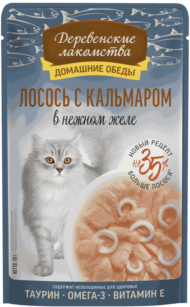 ПАУЧ Деревенские лакомства Лосось с кальмаром : ЖЕЛЕ 70 г для кошек
