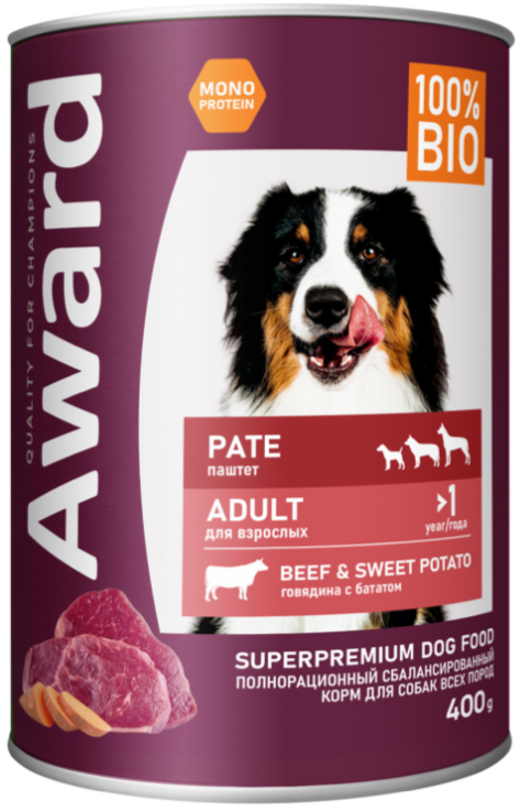 Влажный корм AWARD для взрослых собак паштет из говядины с бататом 400г