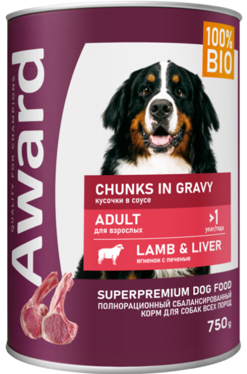 Влажный корм AWARD для взрослых собак, кусочки с ягненком и печенью в соусе 750г