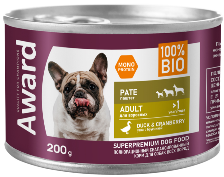 Влажный корм AWARD для взрослых собак паштет из утки с брусникой 200г