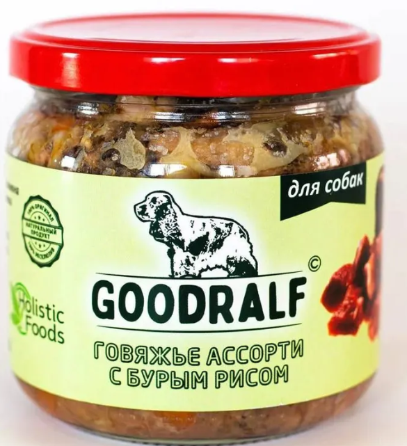 Влажный корм ПРЕМИУМ ГудРальф Говяжье ассорти с бурым рисом стеклянная банка 340 гр