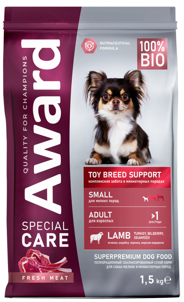 Сухой корм AWARD SPECIAL CARE Toy Breed Support для взрослых собак мелких и миниатюрных пород со свежим мясом ягненка 1,5 кг