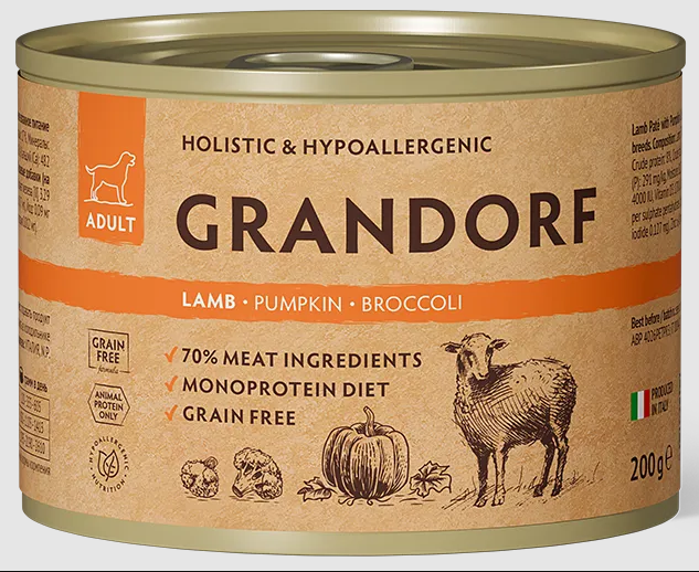 Консервы для собак GRANDORF Монопротеиновый Паштет из ягненка, тыквы и брокколи 200 г