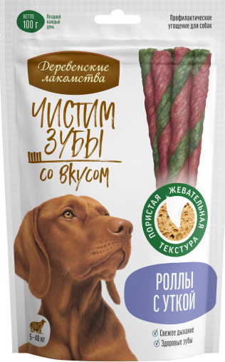 Лакомство Деревенские лакомства Чистим зубы для собак, роллы с уткой, 100 г