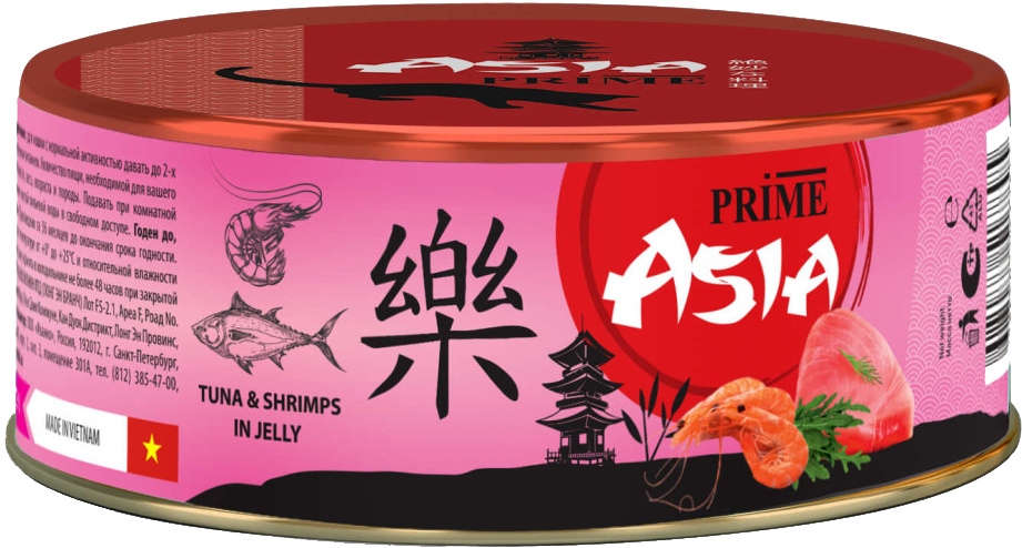 Корм Prime Asia Tuna &amp; Shrimps (в желе) для кошек, с тунцом и креветками, 85 г