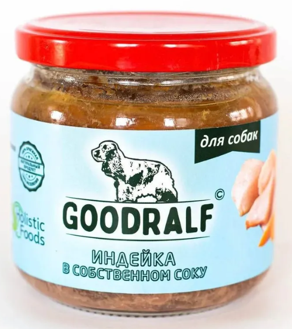 Влажный корм ПРЕМИУМ ГудРальф Индейка в собственном соку стеклянная банка 340 гр