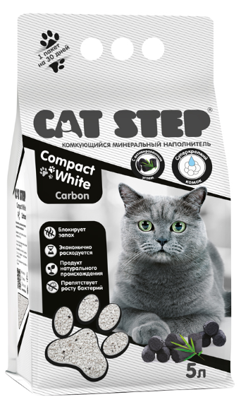 Наполнитель комкующийся минеральный CAT STEP Compact White Carbon, 5 л