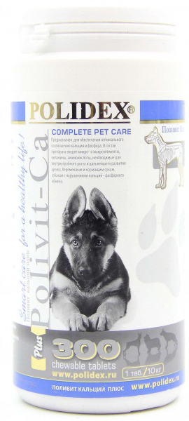 Polidex Polivit-Ca plus витамины для укрепления костей и зубов для щенков, 300 таб. (1 таб. на 10 кг массы тела), 321 г