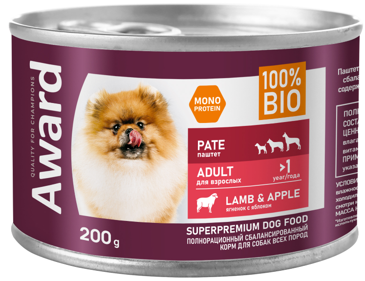 Влажный корм AWARD для взрослых собак паштет из ягненка с яблоком 200г
