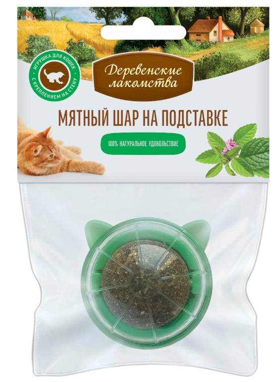 Лакомство Деревенские лакомства Мятный шар для кошек, на подставке, 26 г