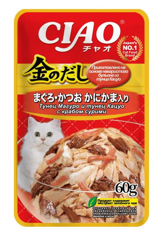 Влажный корм CIAO Kinnodashi для кошек Тунец Магуро и тунец Кацуо с крабом сурими, пауч, 60 г
