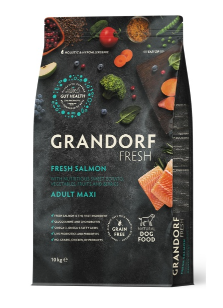 Корм сухой Grandorf Fresh, беззерновой с живыми пробиотиками, свежее филе лосося с бататом для собак крупных пород, 10 кг