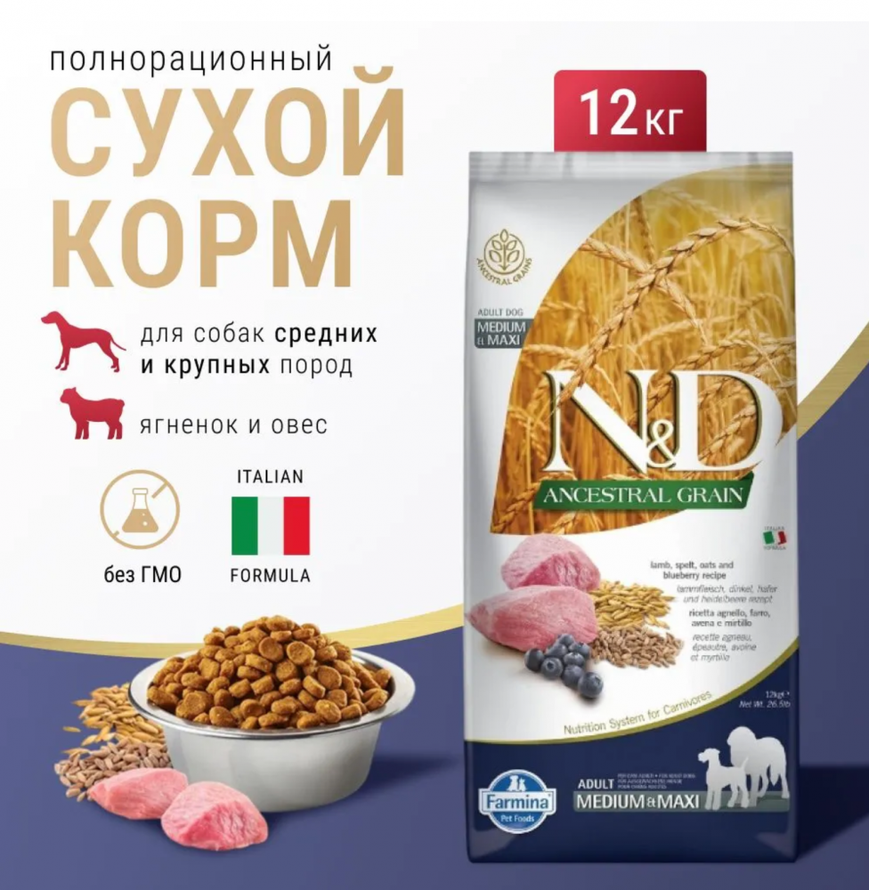 Сухой корм для собак Farmina ND низкозерновой для средник и крупных пород ягненок с черникой