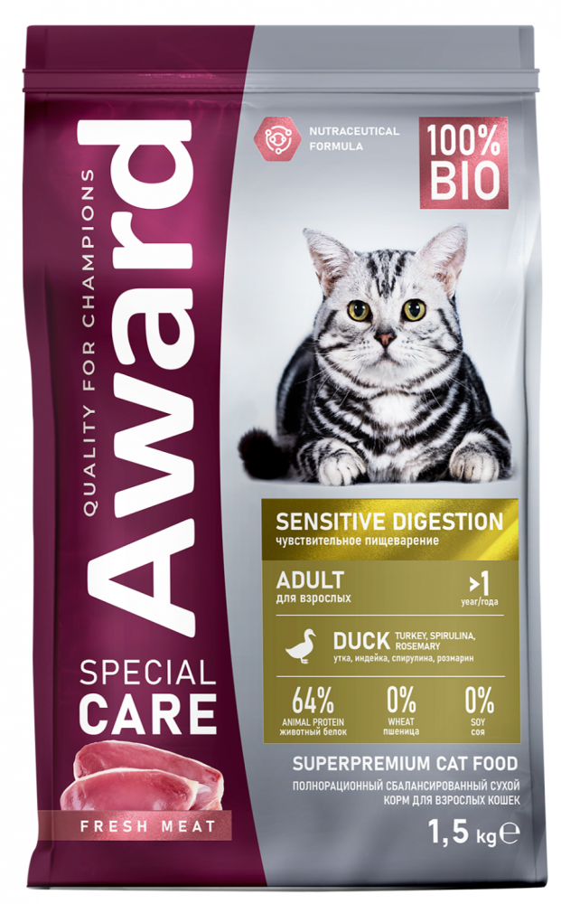 Сухой корм AWARD SPECIAL CARE Sensitive Digestion для взрослых кошек с чувствительным пищеварением со свежим мясом утки 1,5 кг