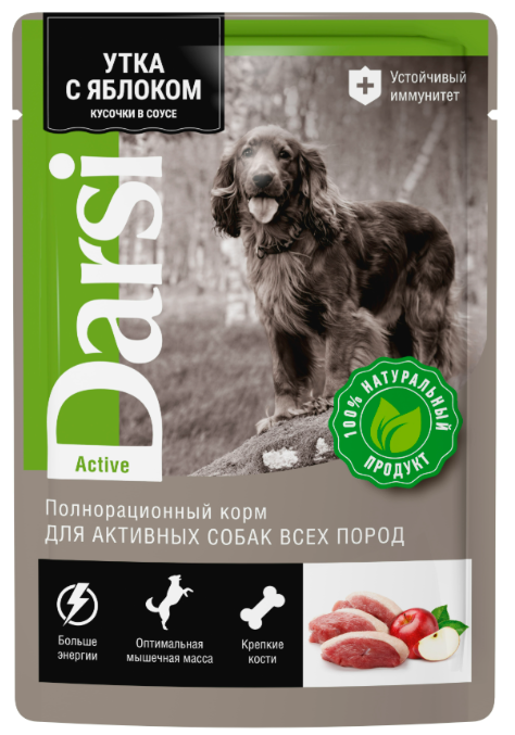 Корм Darsi (в соусе) для активных собак, утка с яблоком, 85 г