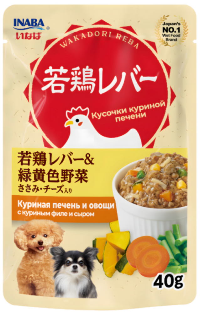 INABA Влажный корм для собак Wakadori reba Куриная печень и овощи с кур. филе и сыром пауч 40г