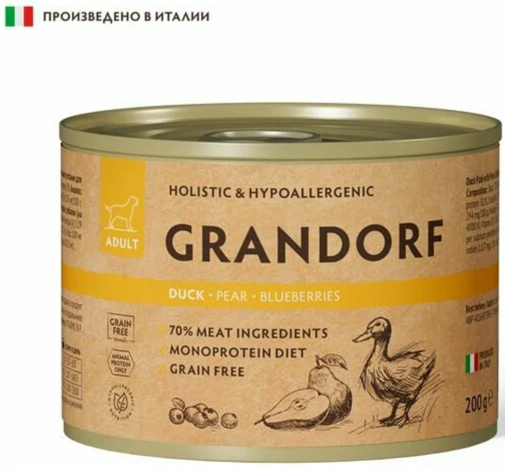 Консервы для собак GRANDORF Монопротеиновый Паштет из утки с грушей и черникой 200 г