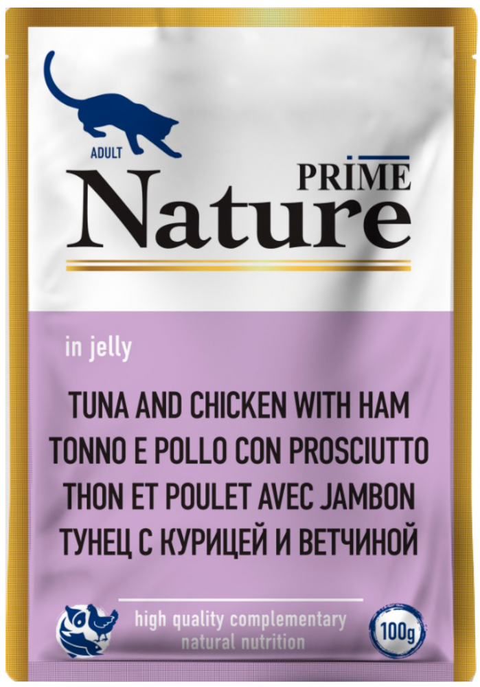 Корм Prime Nature (в желе) для кошек, тунец с курицей и ветчиной, 100 г