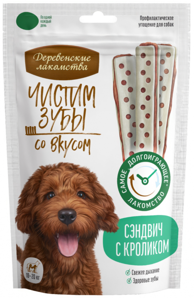 Лакомство Деревенские лакомства Чистим Зубы сэндвич с кроликом для собак средних пород 90 г