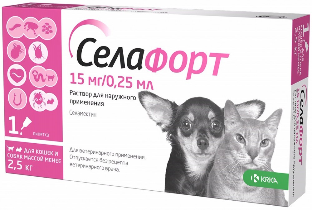 СелаФорт (KRKA) капли на холку для кошек и собак весом менее 2.5 кг, от блох, клещей, вшей и власоедов, 1 пипетка по 0.25 мл