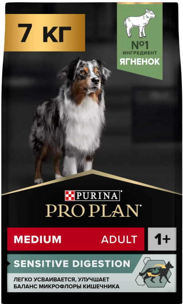 Корм Purina Pro Plan для взрослых собак средних пород с чувствительным пищеварением с ягненком и рис